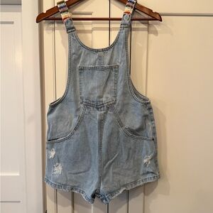 Zara Light Blue Denim Short Overalls with Striped Straps